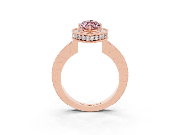 Rose gold Marquise Cut Halo Diamond Engagement Ring with Milgrain Pave Band and Four-Prong Setting