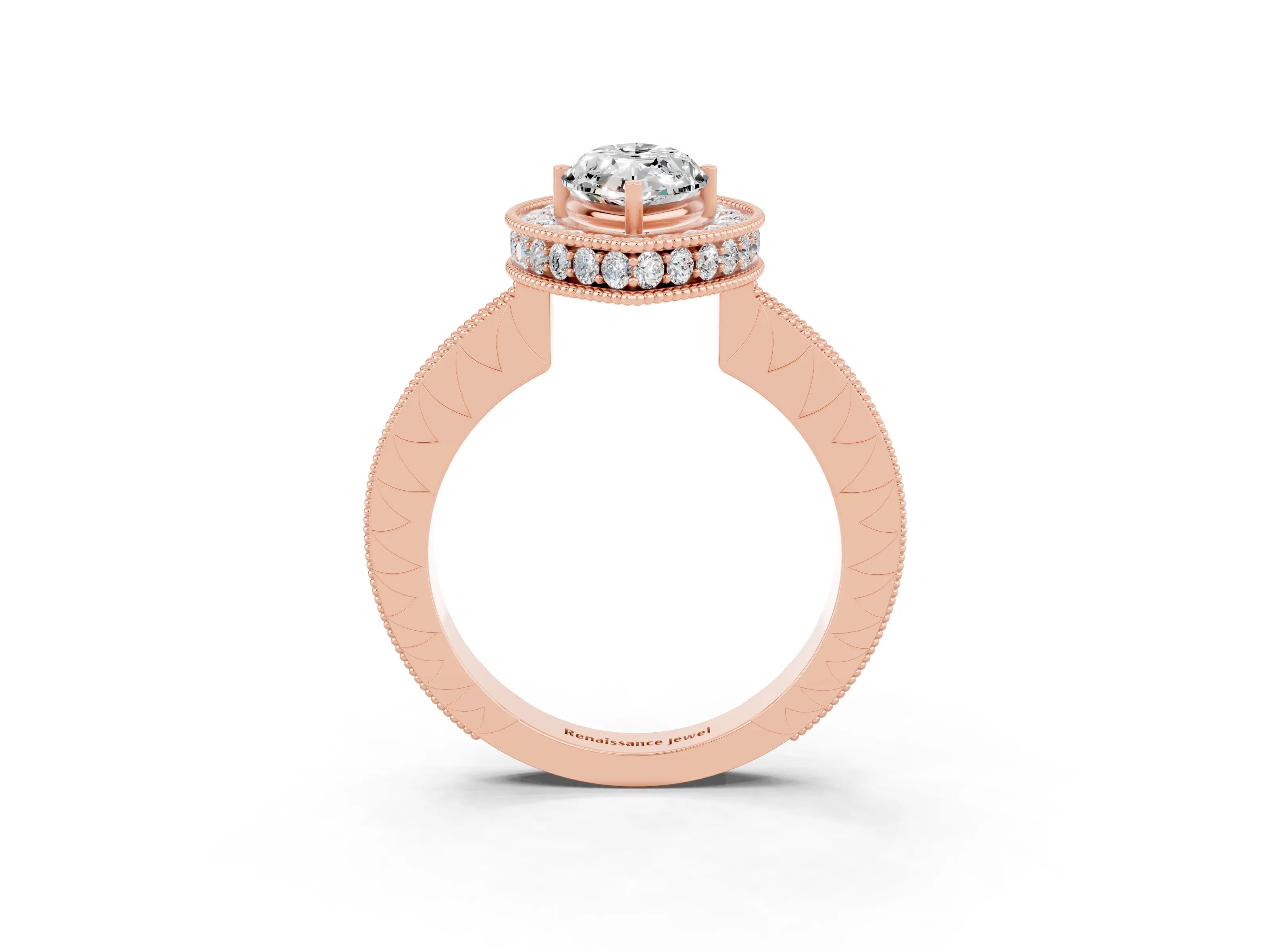 Rose gold Marquise Cut Halo Diamond Engagement Ring with Milgrain Pave Band and Four-Prong Setting_3