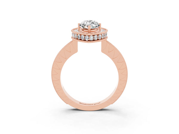 Rose gold Marquise Cut Halo Diamond Engagement Ring with Milgrain Pave Band and Four-Prong Setting