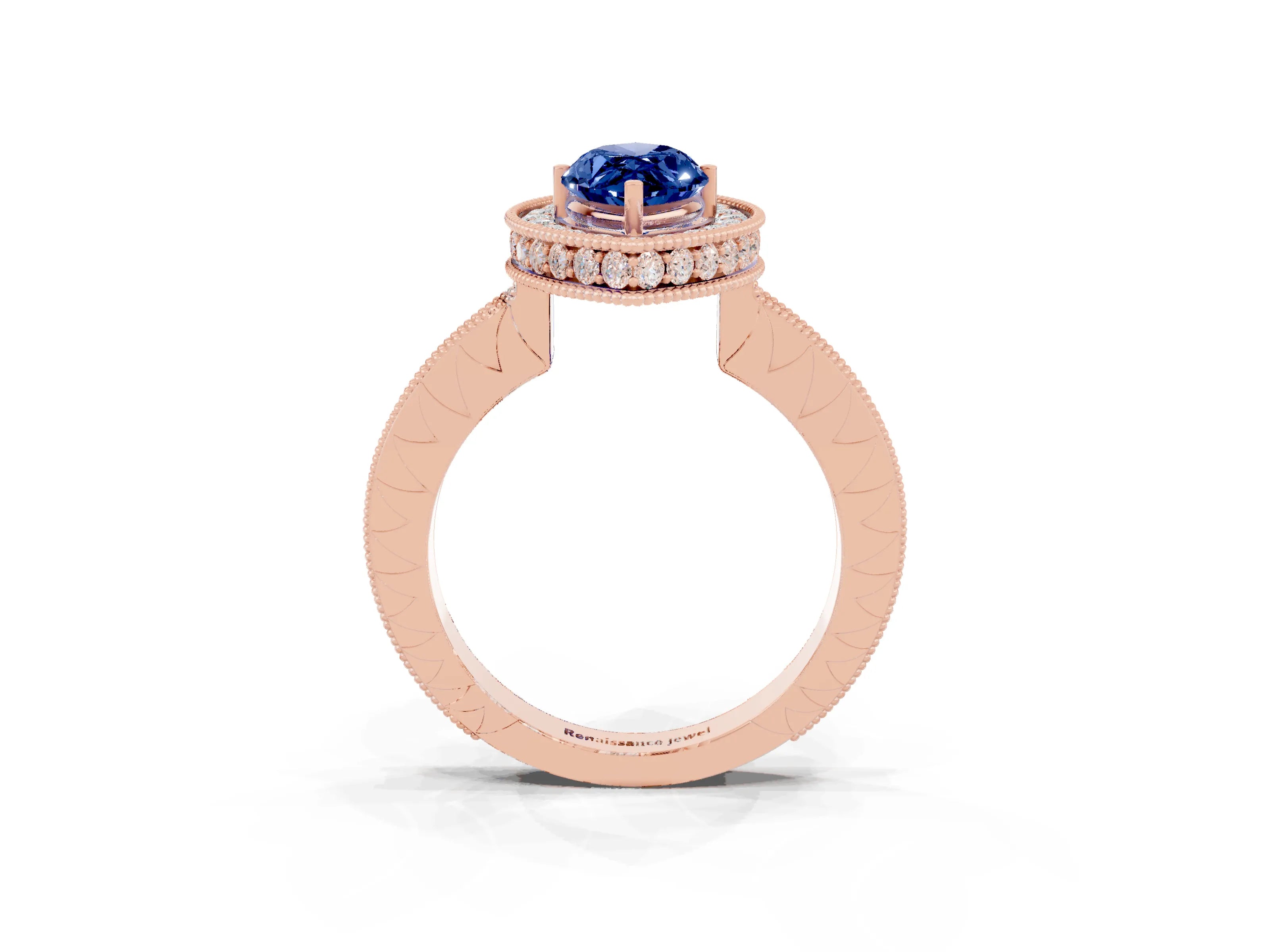 Rose gold Marquise Cut Halo Diamond Engagement Ring with Milgrain Pave Band and Four-Prong Setting_3