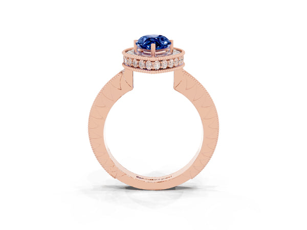 Rose gold Marquise Cut Halo Diamond Engagement Ring with Milgrain Pave Band and Four-Prong Setting