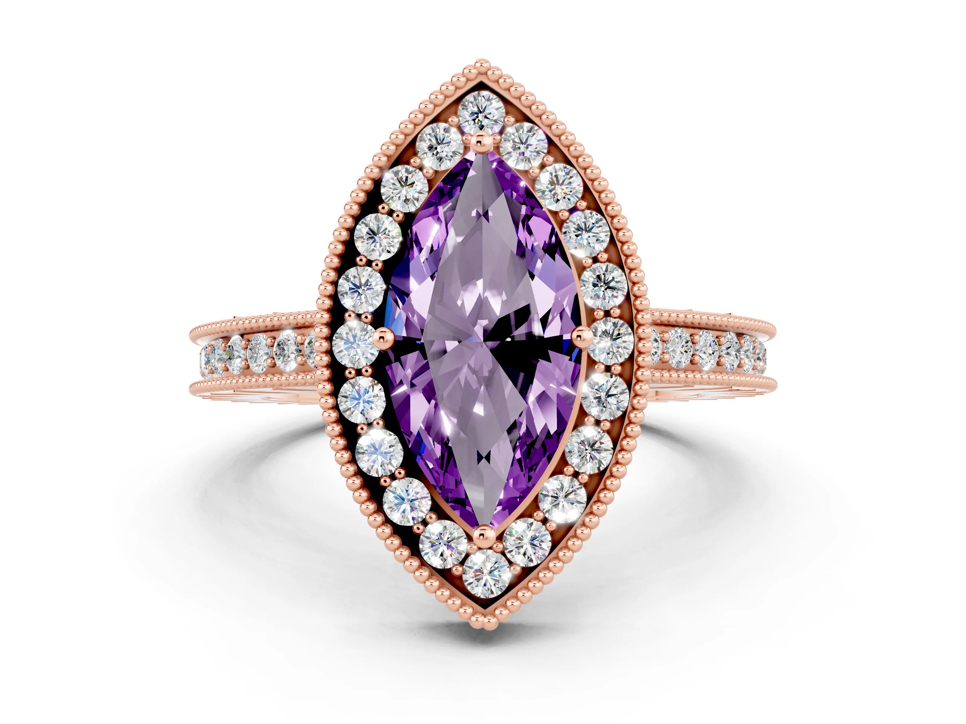 Rose gold Marquise Cut Halo Diamond Engagement Ring with Milgrain Pave Band and Four-Prong Setting
