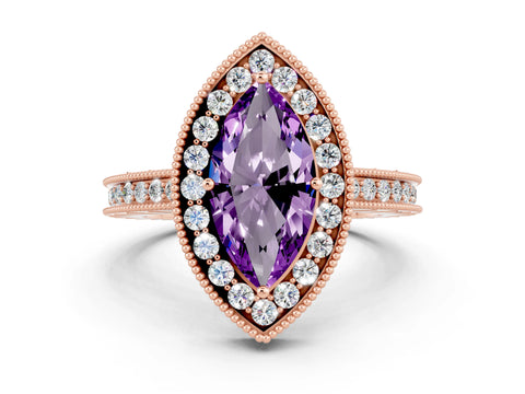 Rose gold Marquise Cut Halo Diamond Engagement Ring with Milgrain Pave Band and Four-Prong Setting