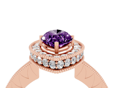 Rose gold Marquise Cut Halo Diamond Engagement Ring with Milgrain Pave Band and Four-Prong Setting_4