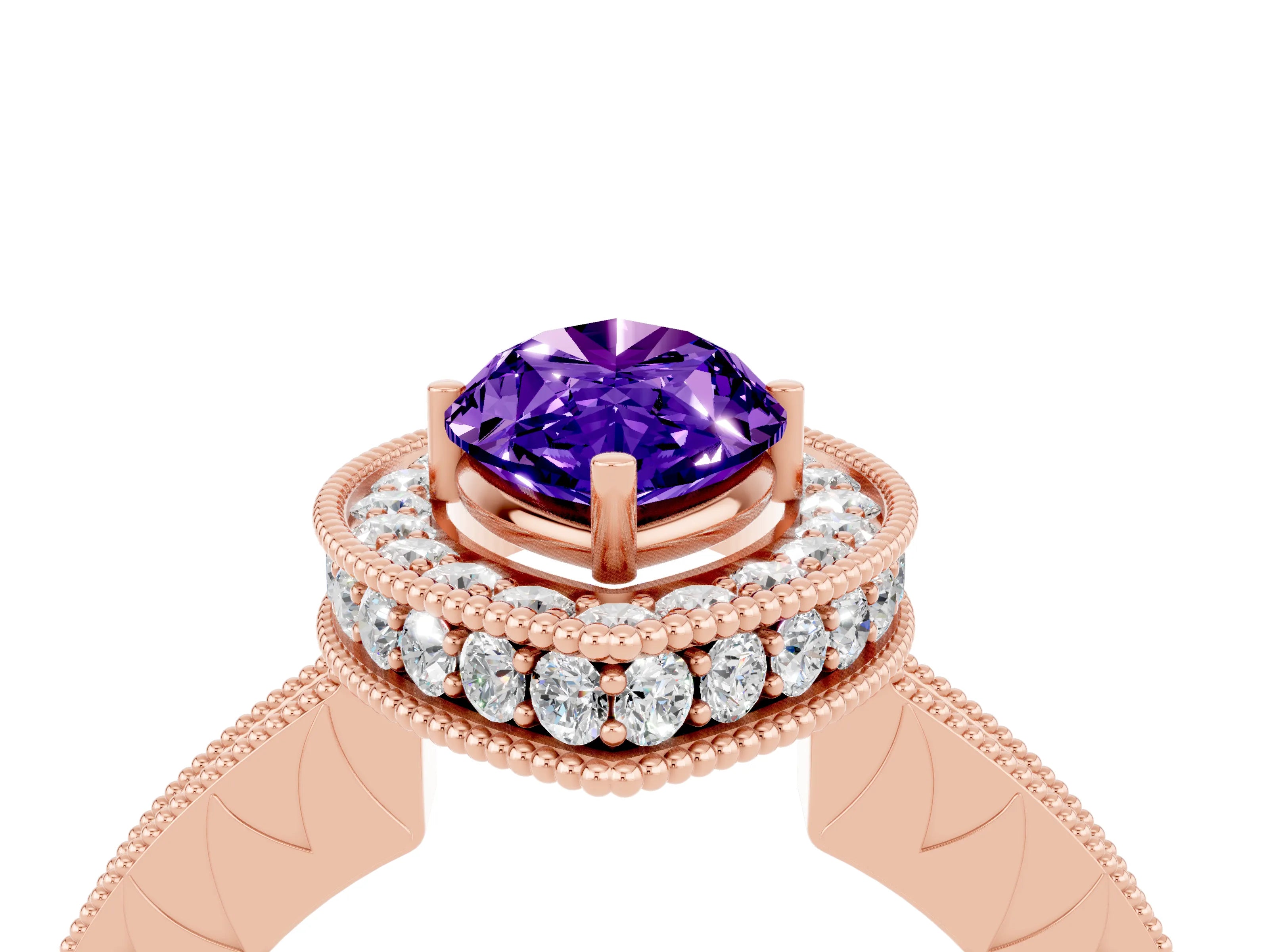 Rose gold Marquise Cut Halo Diamond Engagement Ring with Milgrain Pave Band and Four-Prong Setting_4