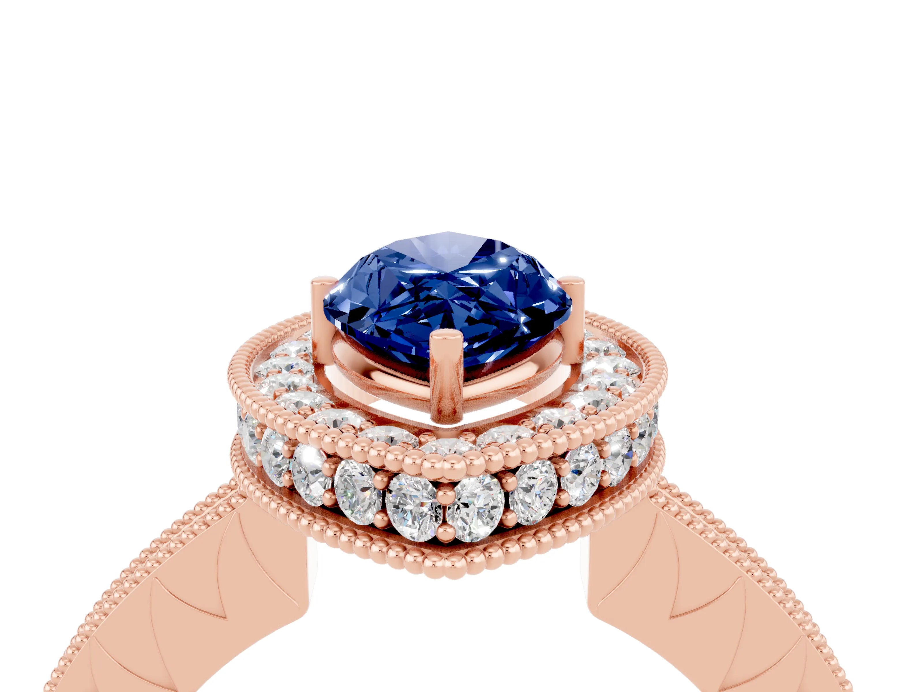 Rose gold Marquise Cut Halo Diamond Engagement Ring with Milgrain Pave Band and Four-Prong Setting_4
