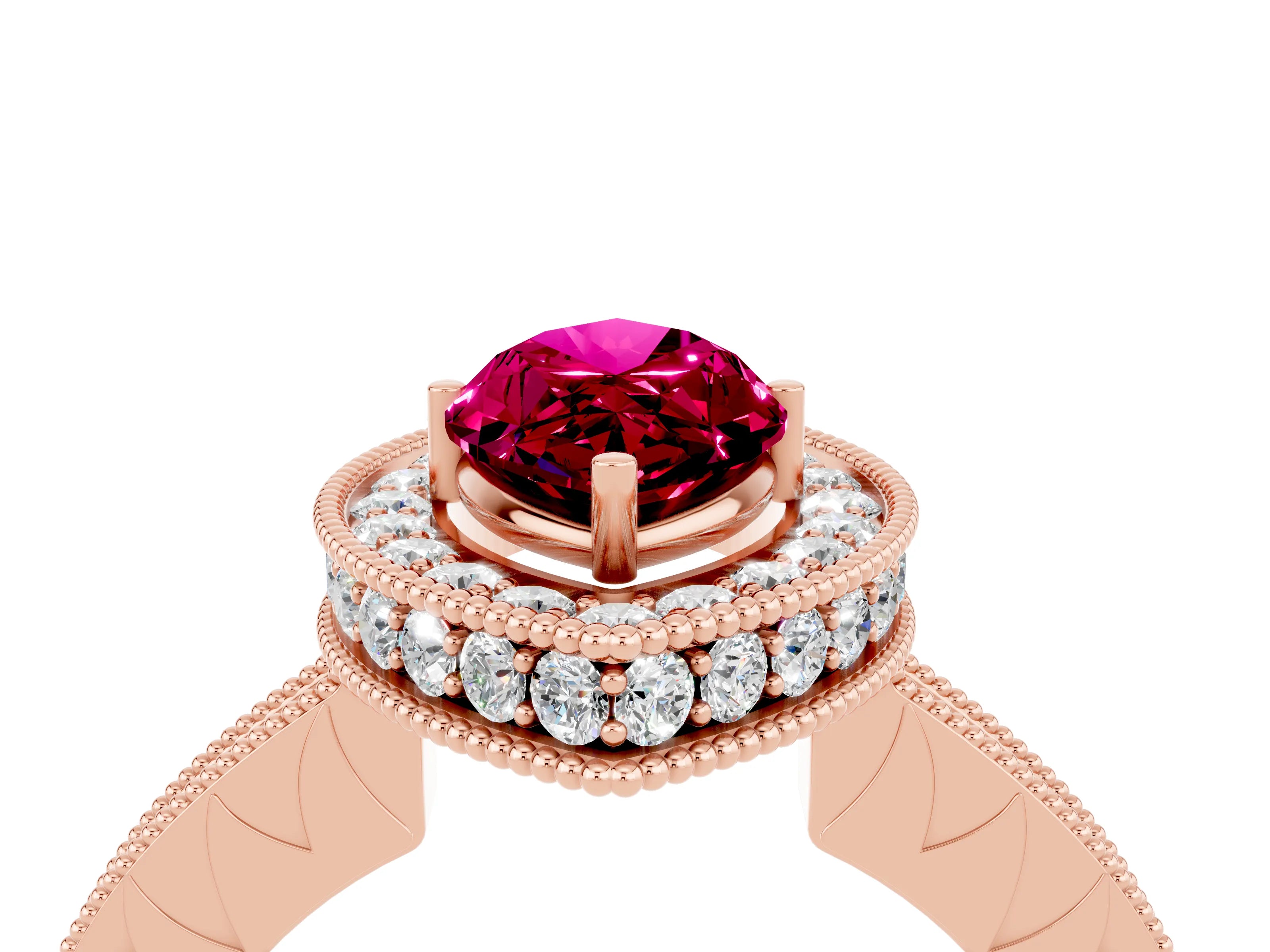 Rose gold Marquise Cut Halo Diamond Engagement Ring with Milgrain Pave Band and Four-Prong Setting_4
