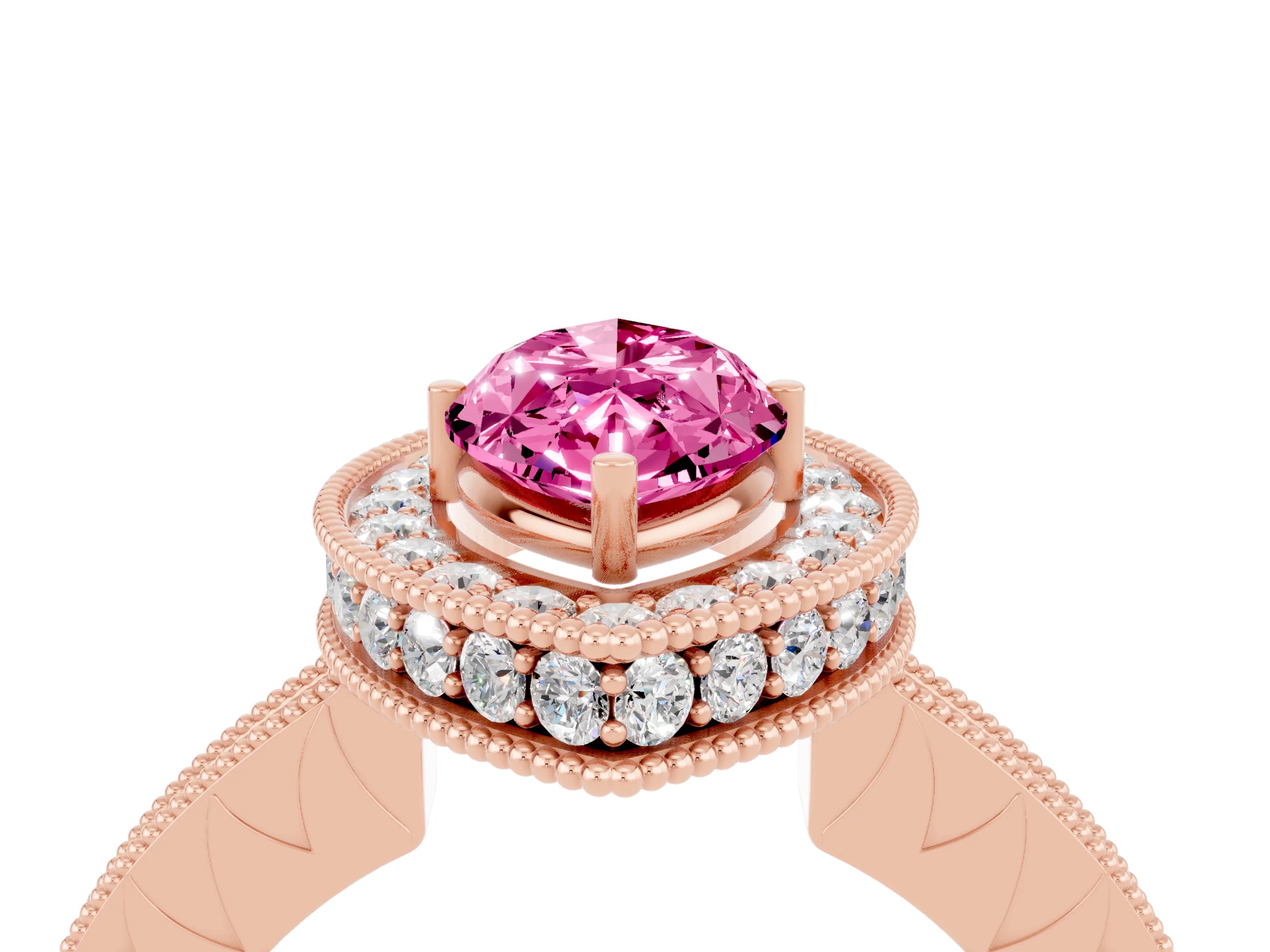 Rose gold Marquise Cut Halo Diamond Engagement Ring with Milgrain Pave Band and Four-Prong Setting_4