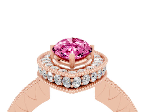 Rose gold Marquise Cut Halo Diamond Engagement Ring with Milgrain Pave Band and Four-Prong Setting_4