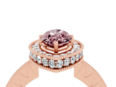 Rose gold Marquise Cut Halo Diamond Engagement Ring with Milgrain Pave Band and Four-Prong Setting_4