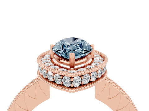 Rose gold Marquise Cut Halo Diamond Engagement Ring with Milgrain Pave Band and Four-Prong Setting_4