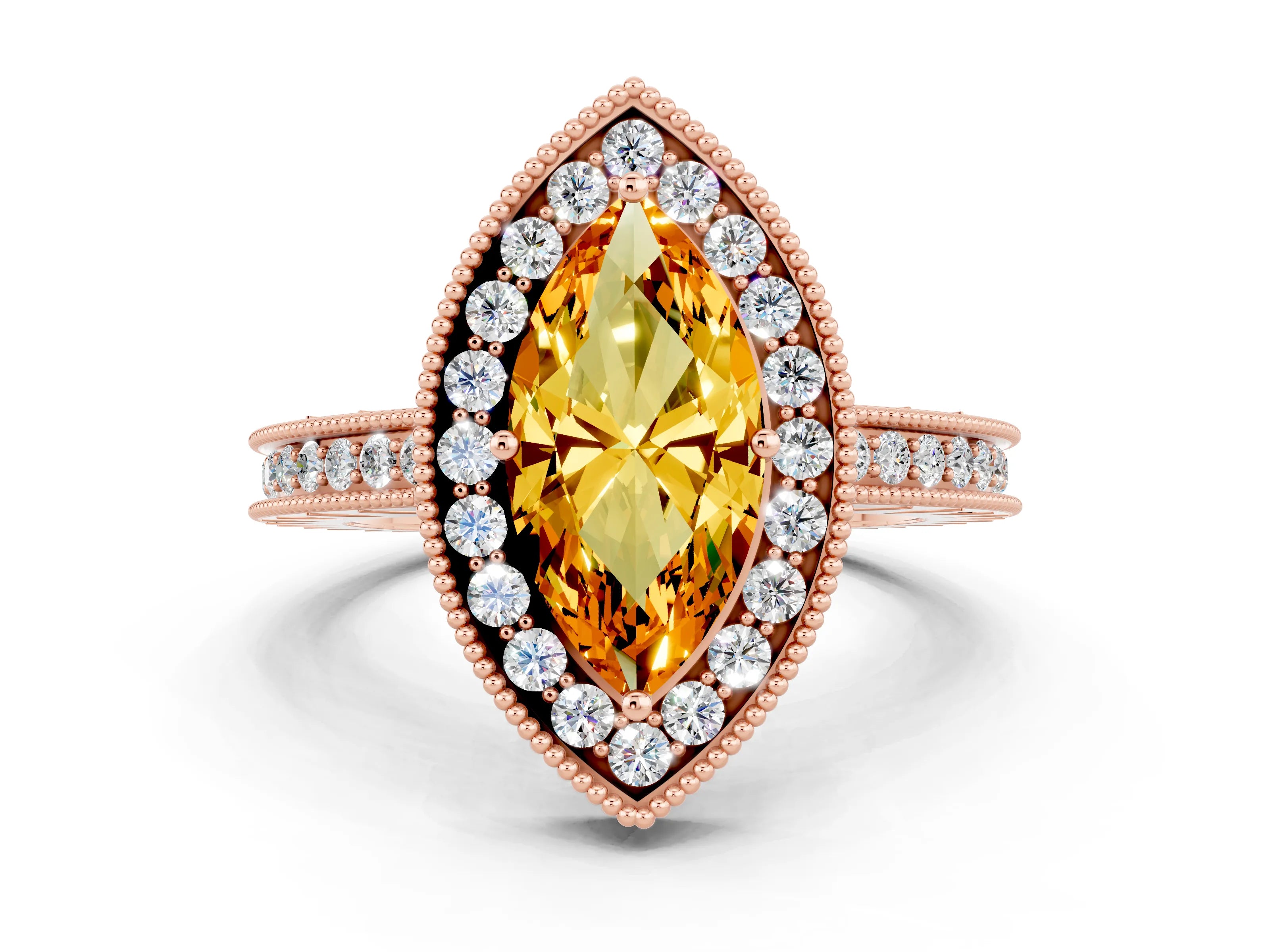 Rose gold Marquise Cut Halo Diamond Engagement Ring with Milgrain Pave Band and Four-Prong Setting