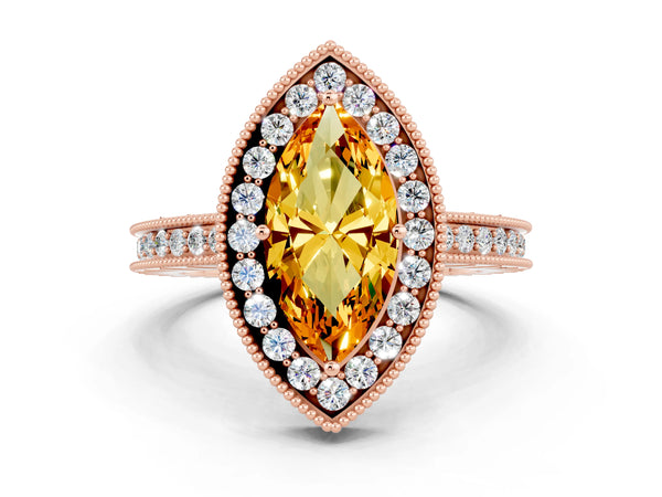 Rose gold Marquise Cut Halo Diamond Engagement Ring with Milgrain Pave Band and Four-Prong Setting
