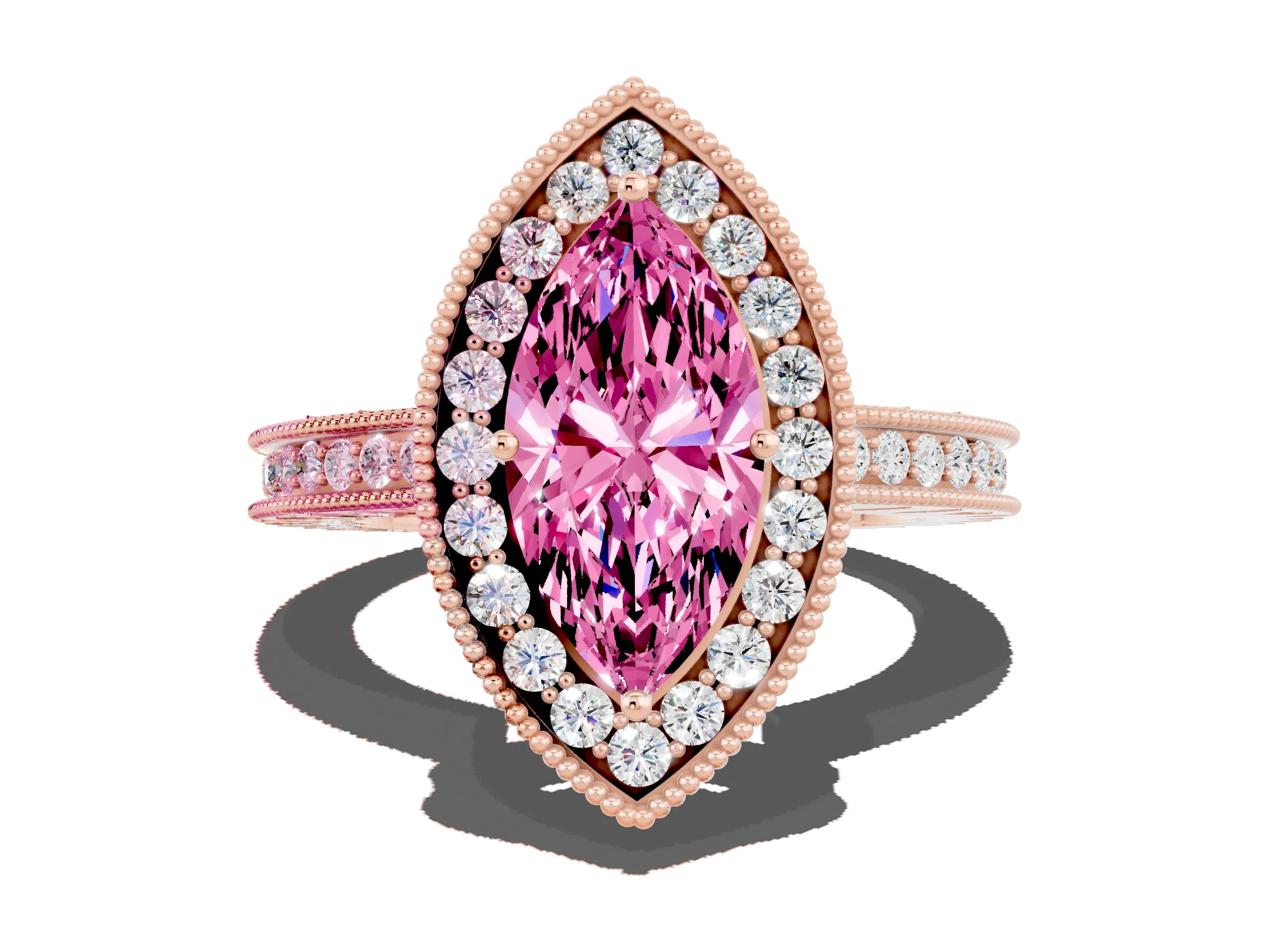 Rose gold Marquise Cut Halo Diamond Engagement Ring with Milgrain Pave Band and Four-Prong Setting