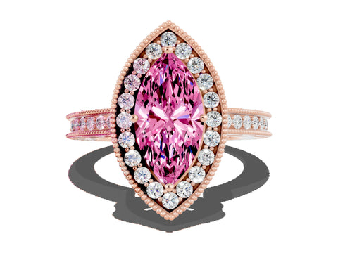 Rose gold Marquise Cut Halo Diamond Engagement Ring with Milgrain Pave Band and Four-Prong Setting