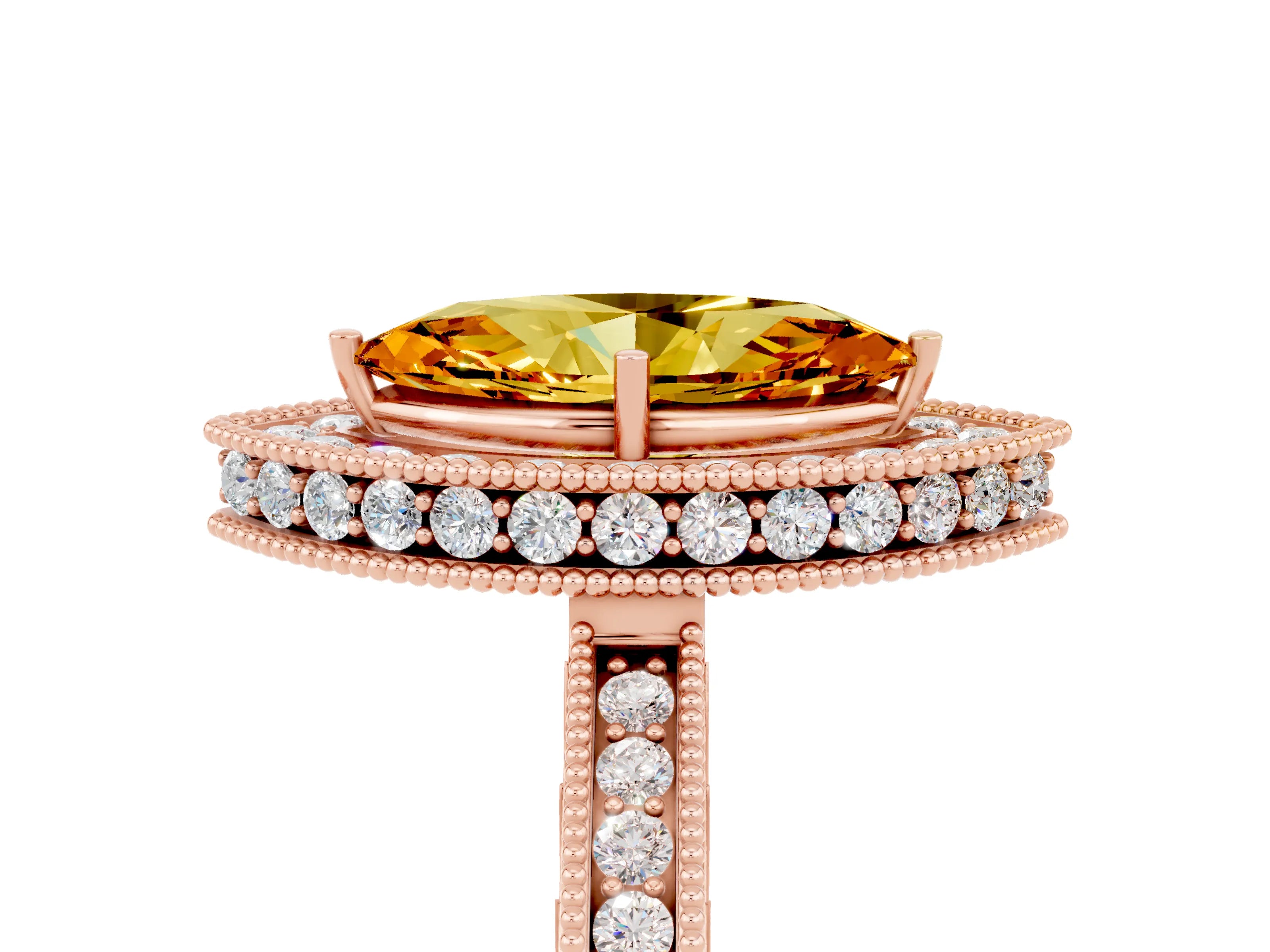 Rose gold Marquise Cut Halo Diamond Engagement Ring with Milgrain Pave Band and Four-Prong Setting_5