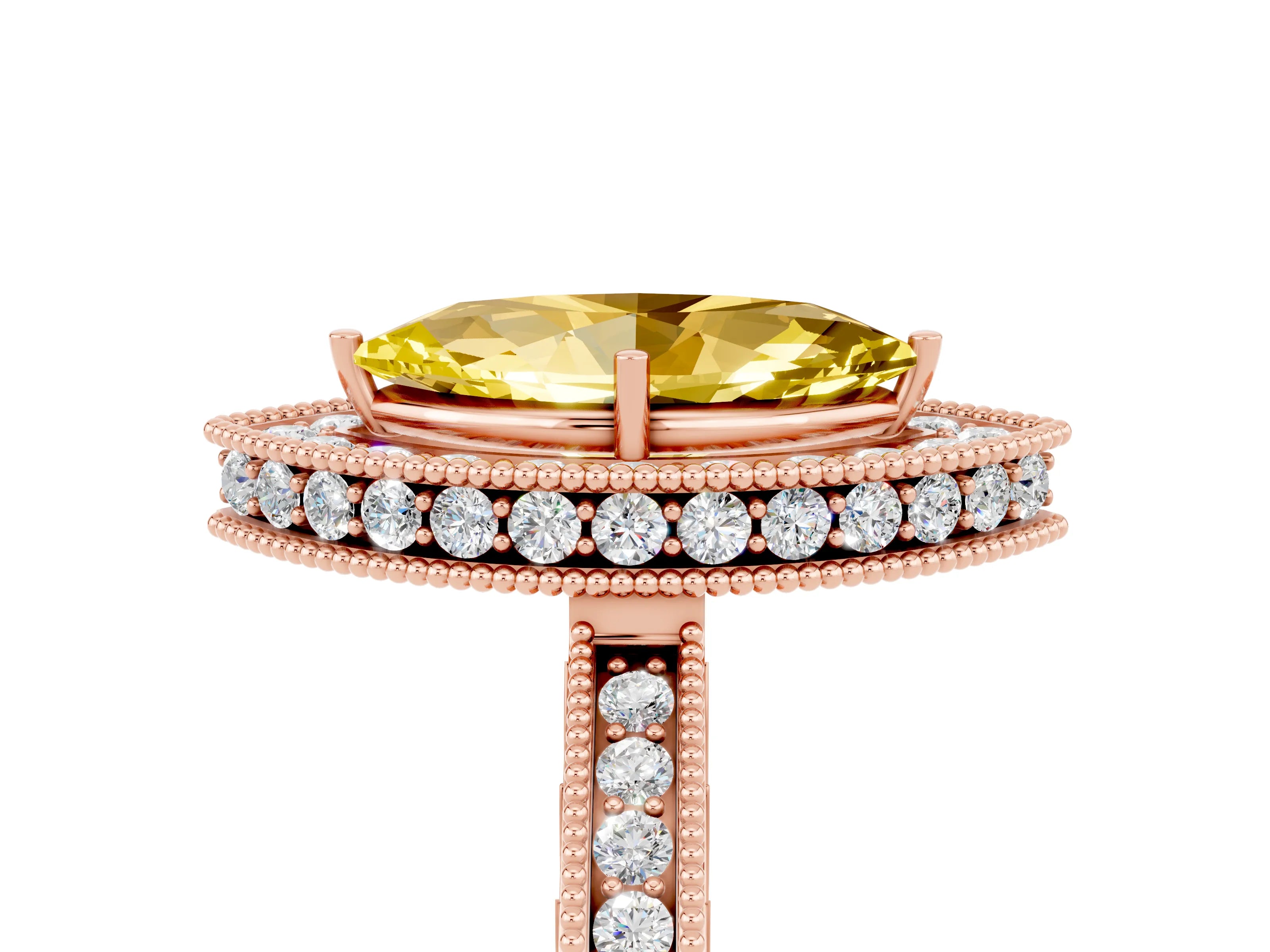 Rose gold Marquise Cut Halo Diamond Engagement Ring with Milgrain Pave Band and Four-Prong Setting_5