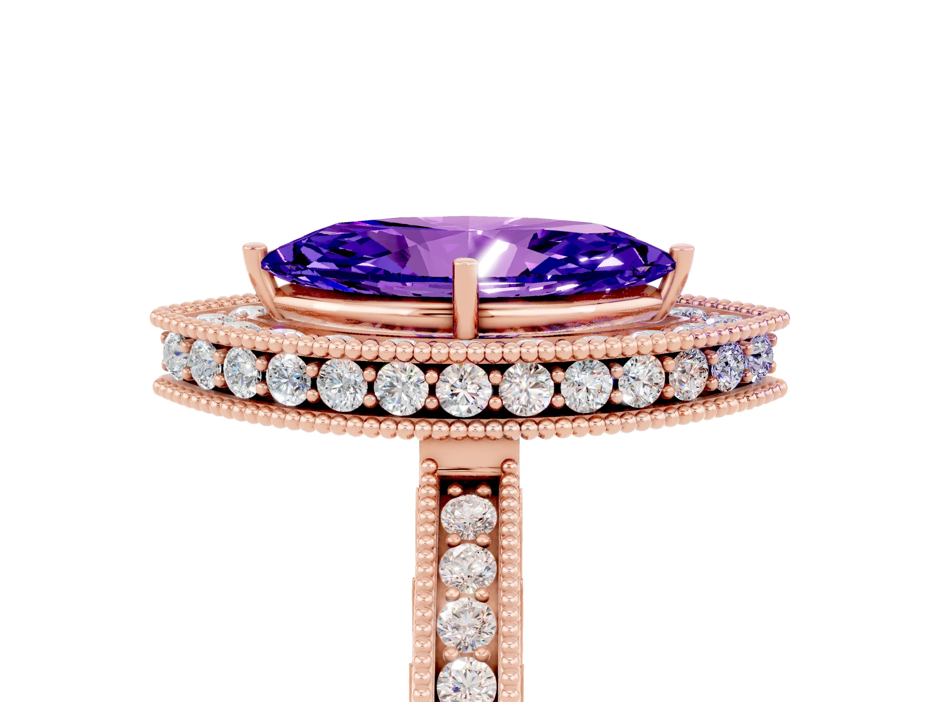 Rose gold Marquise Cut Halo Diamond Engagement Ring with Milgrain Pave Band and Four-Prong Setting_5