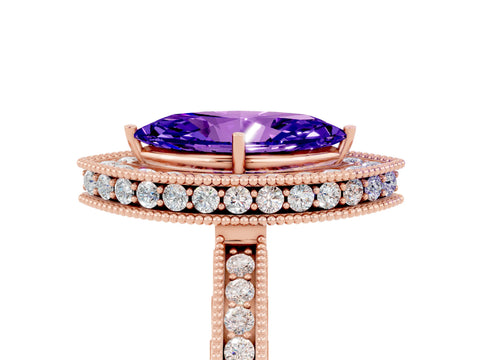 Rose gold Marquise Cut Halo Diamond Engagement Ring with Milgrain Pave Band and Four-Prong Setting_5