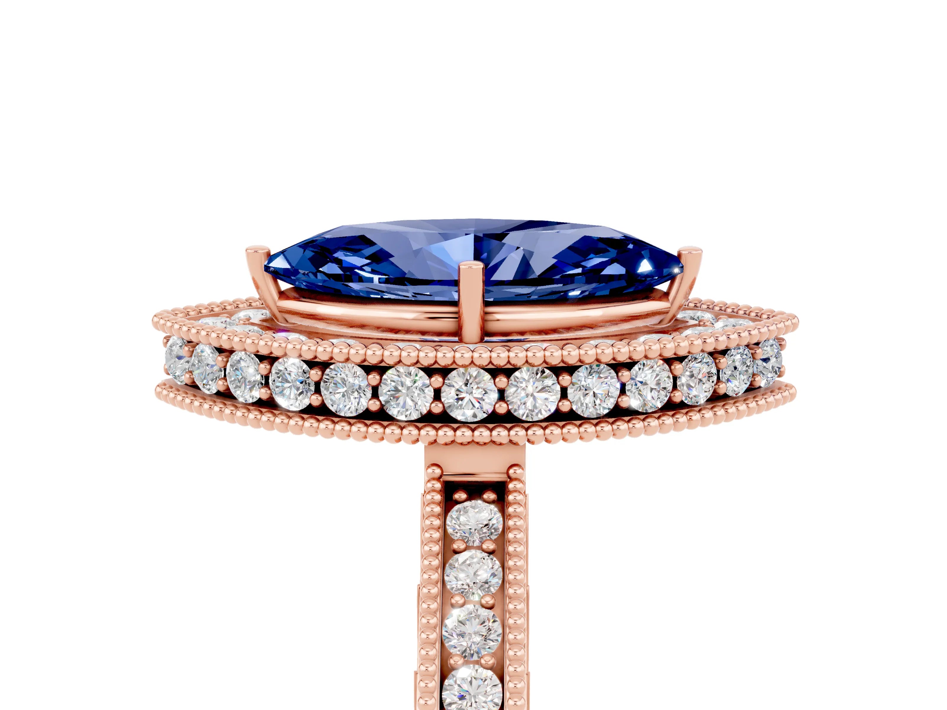 Rose gold Marquise Cut Halo Diamond Engagement Ring with Milgrain Pave Band and Four-Prong Setting_5
