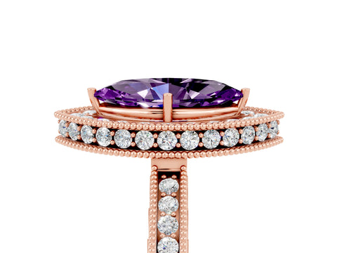 Rose gold Marquise Cut Halo Diamond Engagement Ring with Milgrain Pave Band and Four-Prong Setting_5