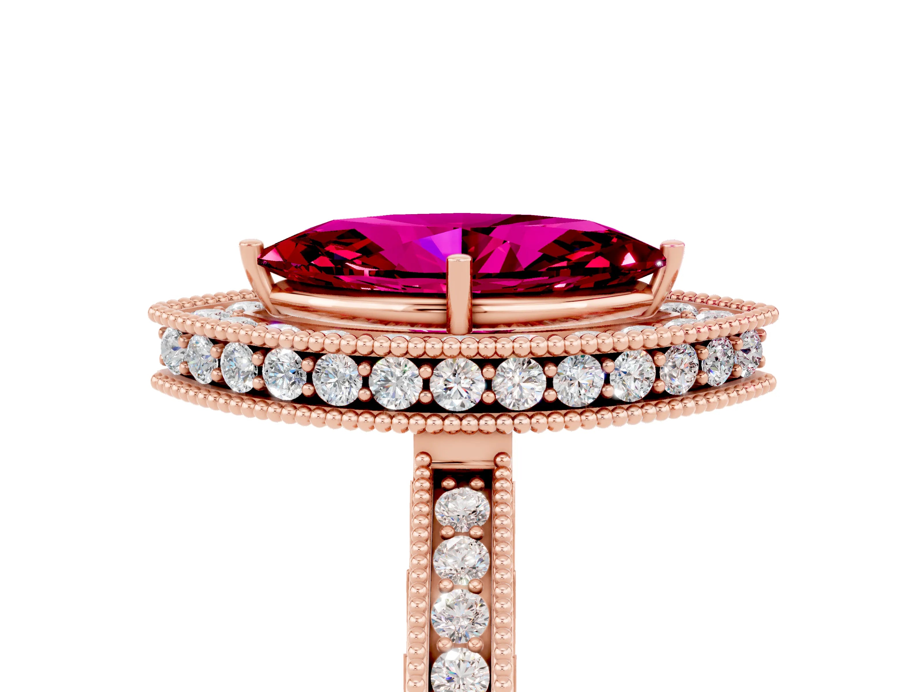 Rose gold Marquise Cut Halo Diamond Engagement Ring with Milgrain Pave Band and Four-Prong Setting_5