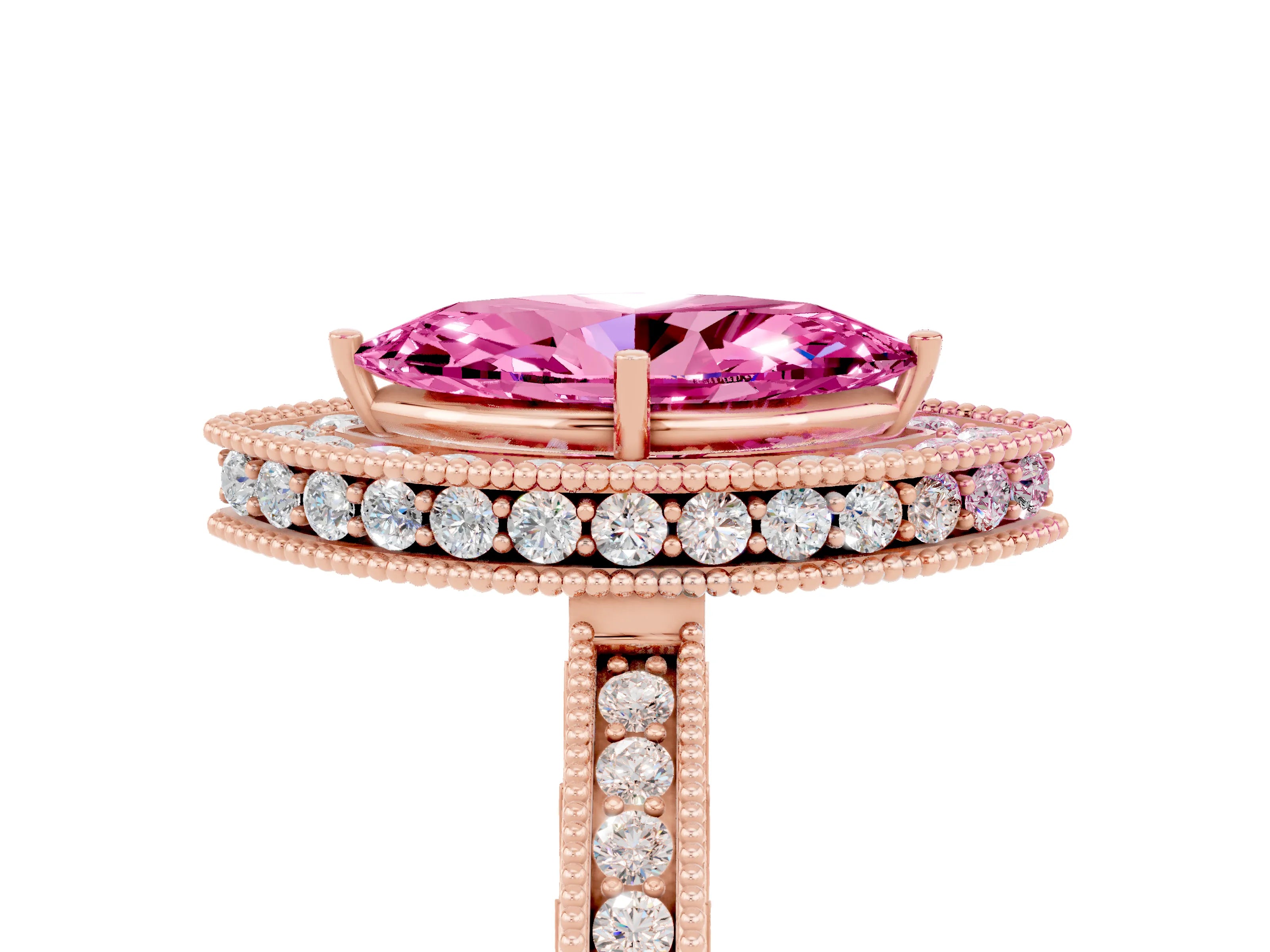 Rose gold Marquise Cut Halo Diamond Engagement Ring with Milgrain Pave Band and Four-Prong Setting_5