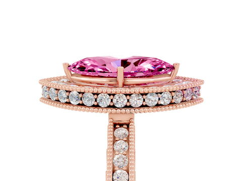 Rose gold Marquise Cut Halo Diamond Engagement Ring with Milgrain Pave Band and Four-Prong Setting_5