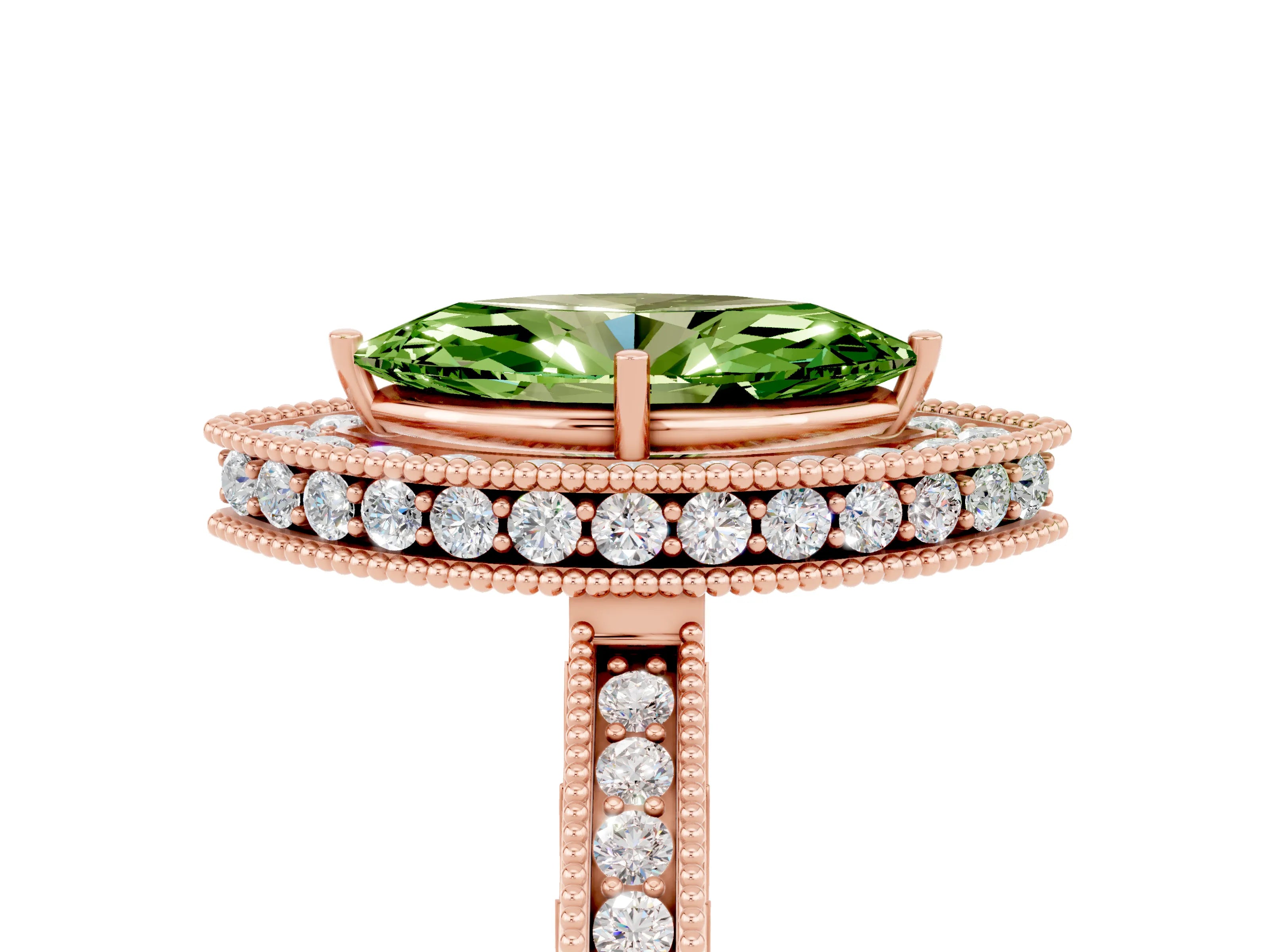 Rose gold Marquise Cut Halo Diamond Engagement Ring with Milgrain Pave Band and Four-Prong Setting_5