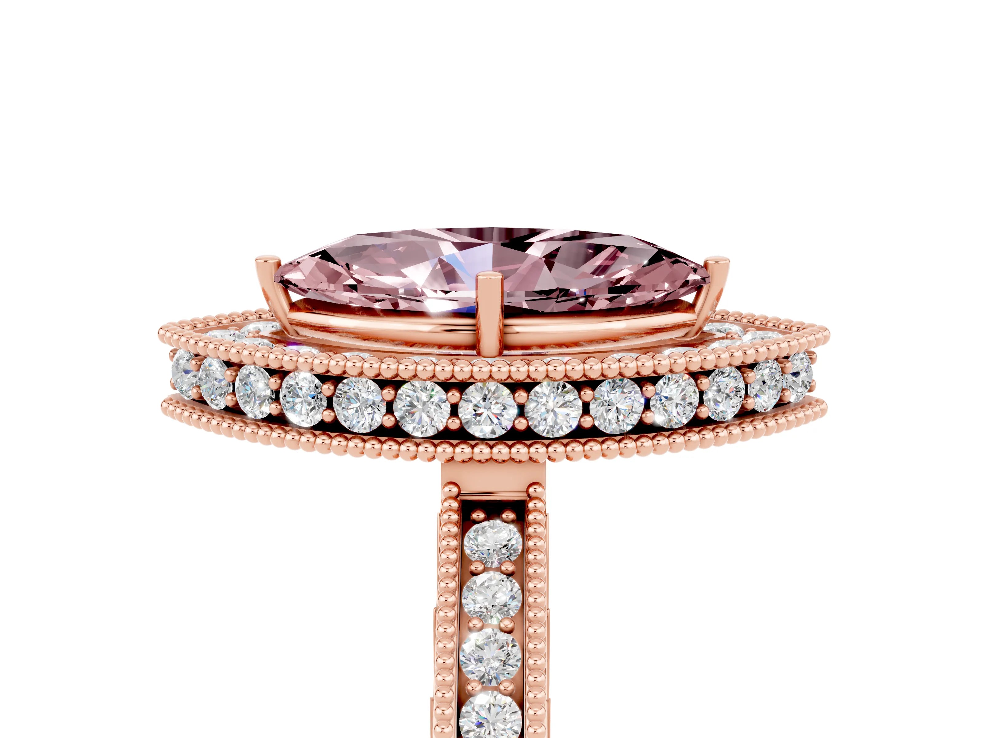 Rose gold Marquise Cut Halo Diamond Engagement Ring with Milgrain Pave Band and Four-Prong Setting_5