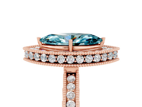 Rose gold Marquise Cut Halo Diamond Engagement Ring with Milgrain Pave Band and Four-Prong Setting_5