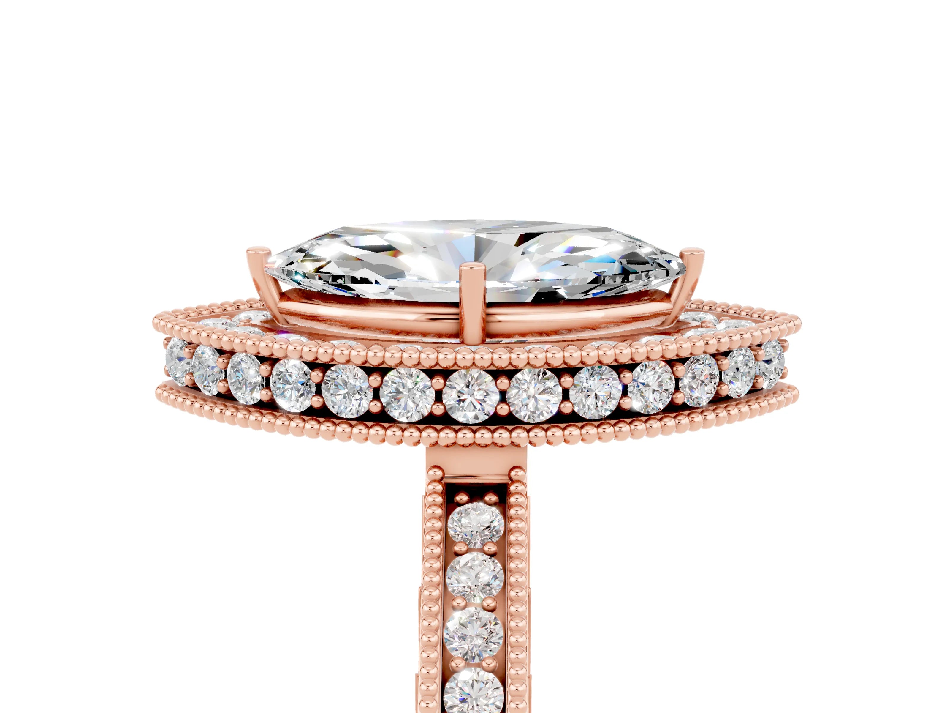 Rose gold Marquise Cut Halo Diamond Engagement Ring with Milgrain Pave Band and Four-Prong Setting_5