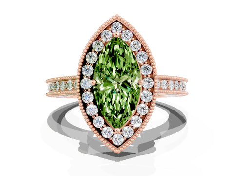 Rose gold Marquise Cut Halo Diamond Engagement Ring with Milgrain Pave Band and Four-Prong Setting
