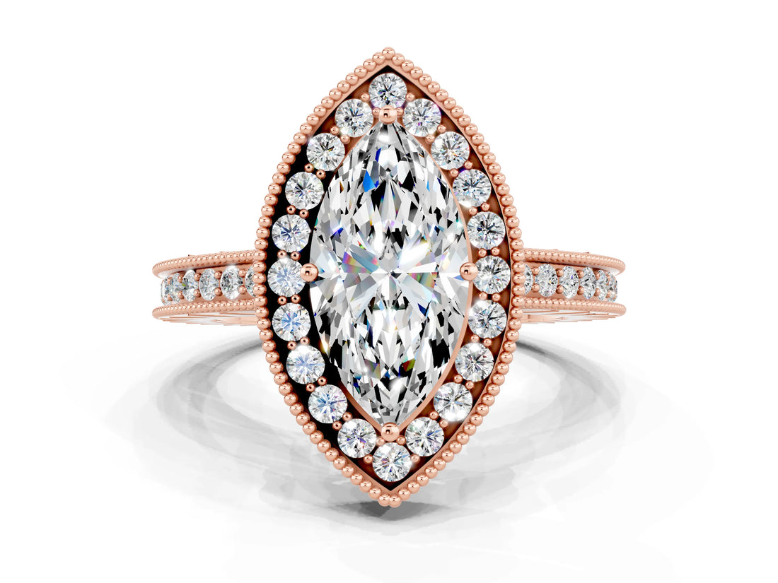 Rose gold Marquise Cut Halo Diamond Engagement Ring with Milgrain Pave Band and Four-Prong Setting