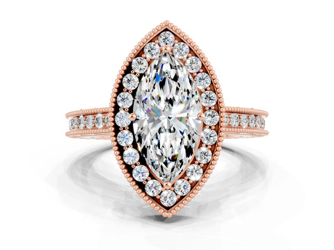 Rose gold Marquise Cut Halo Diamond Engagement Ring with Milgrain Pave Band and Four-Prong Setting