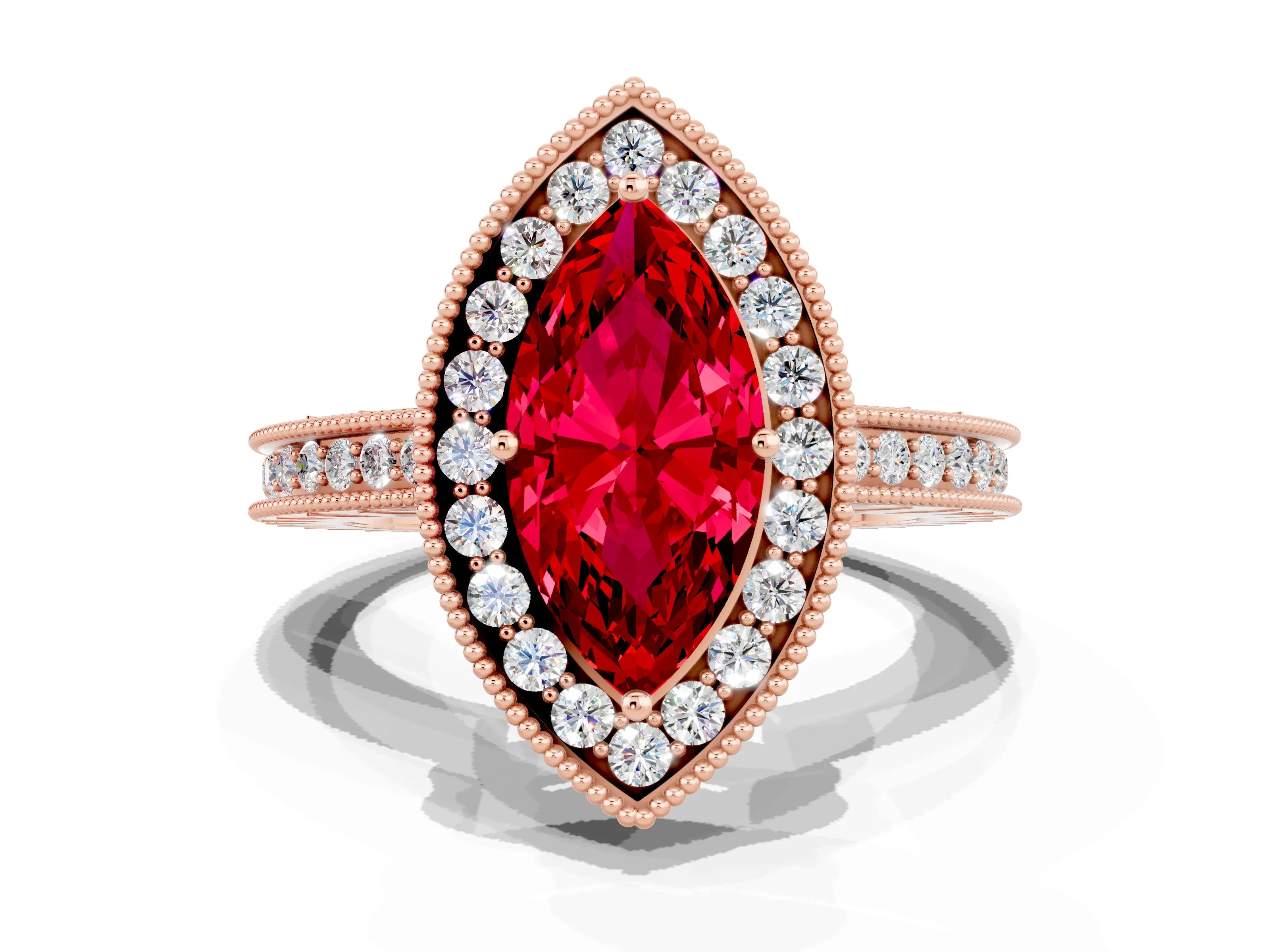 Rose gold Marquise Cut Halo Diamond Engagement Ring with Milgrain Pave Band and Four-Prong Setting