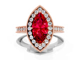 Rose gold Marquise Cut Halo Diamond Engagement Ring with Milgrain Pave Band and Four-Prong Setting