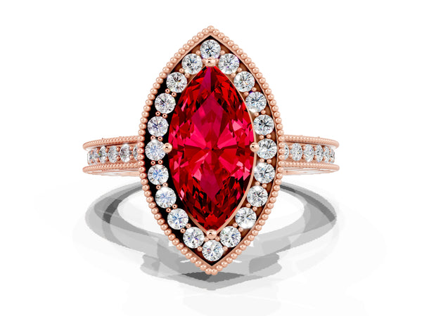 Rose gold Marquise Cut Halo Diamond Engagement Ring with Milgrain Pave Band and Four-Prong Setting