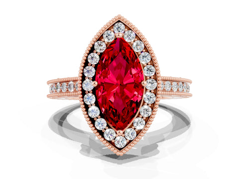 Rose gold Marquise Cut Halo Diamond Engagement Ring with Milgrain Pave Band and Four-Prong Setting