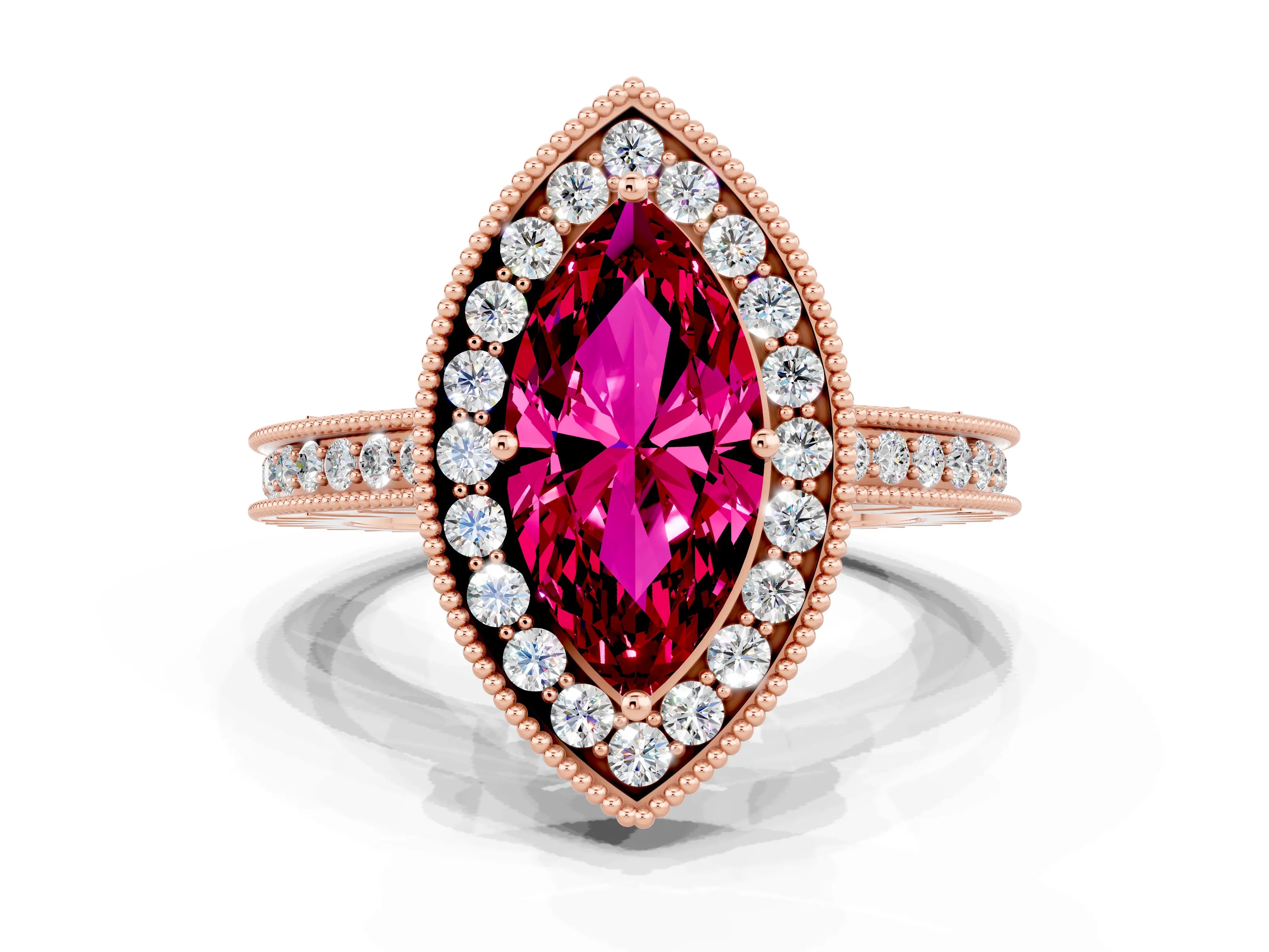 Rose gold Marquise Cut Halo Diamond Engagement Ring with Milgrain Pave Band and Four-Prong Setting