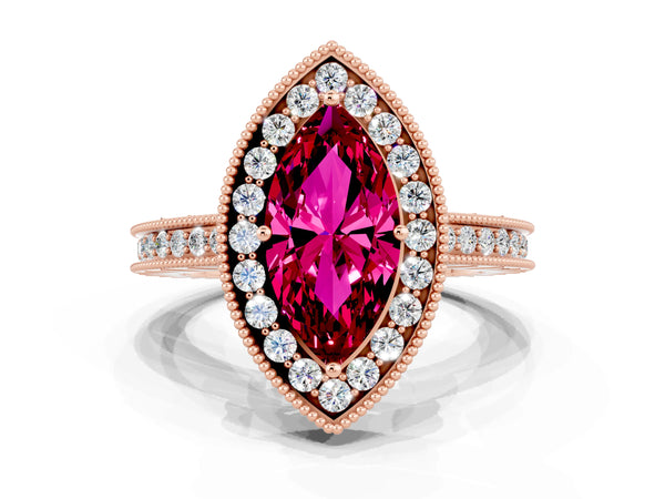 Rose gold Marquise Cut Halo Diamond Engagement Ring with Milgrain Pave Band and Four-Prong Setting