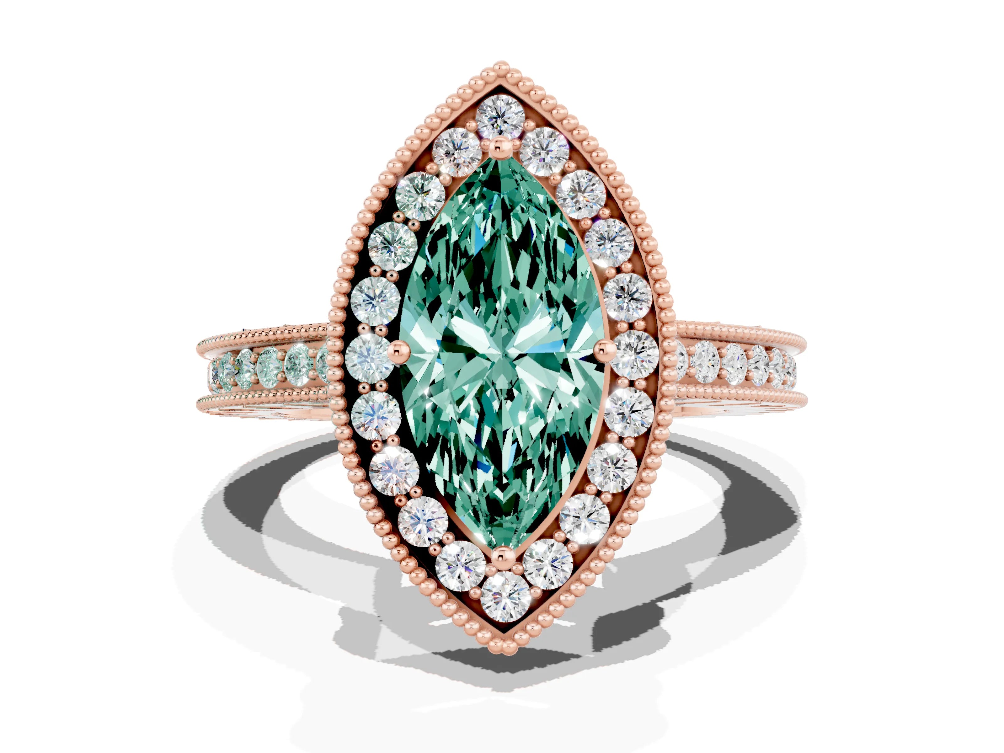 Rose gold Marquise Cut Halo Diamond Engagement Ring with Milgrain Pave Band and Four-Prong Setting