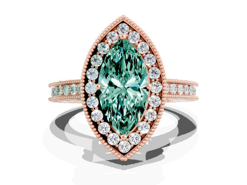 Rose gold Marquise Cut Halo Diamond Engagement Ring with Milgrain Pave Band and Four-Prong Setting