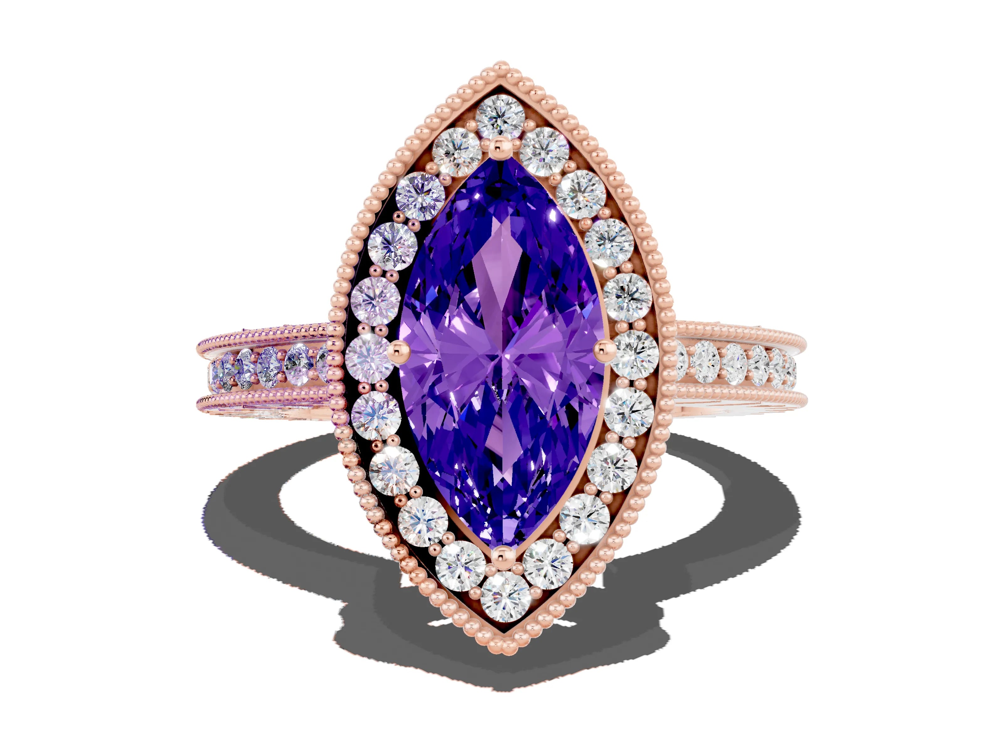 Rose gold Marquise Cut Halo Diamond Engagement Ring with Milgrain Pave Band and Four-Prong Setting