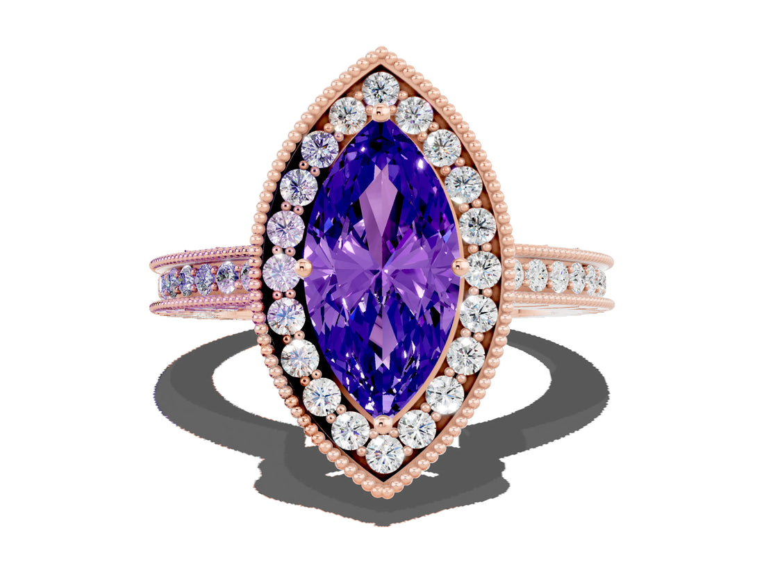 Rose gold Marquise Cut Halo Diamond Engagement Ring with Milgrain Pave Band and Four-Prong Setting