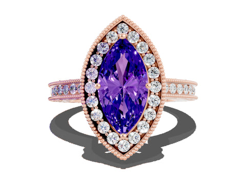Rose gold Marquise Cut Halo Diamond Engagement Ring with Milgrain Pave Band and Four-Prong Setting