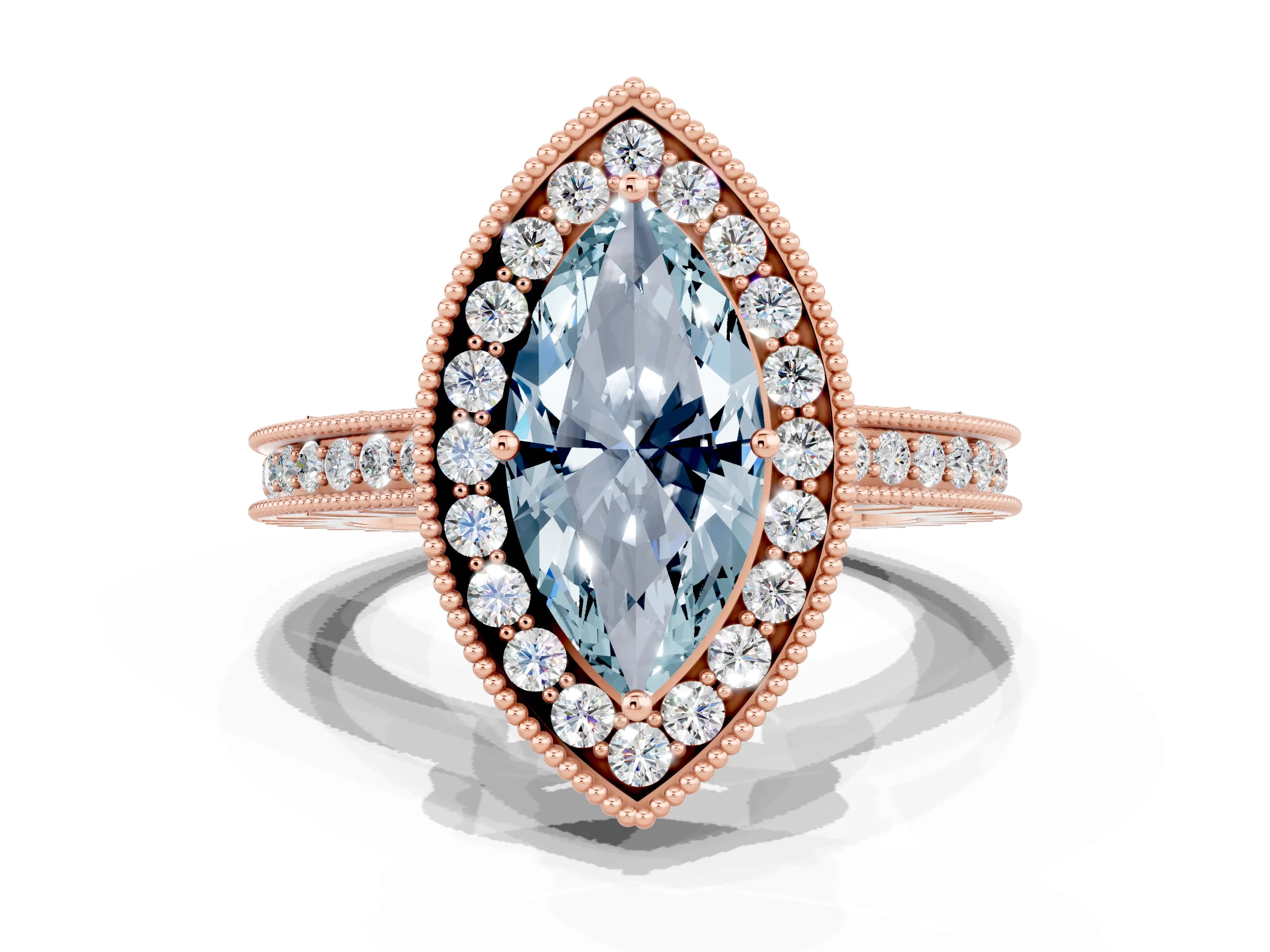 Rose gold Marquise Cut Halo Diamond Engagement Ring with Milgrain Pave Band and Four-Prong Setting
