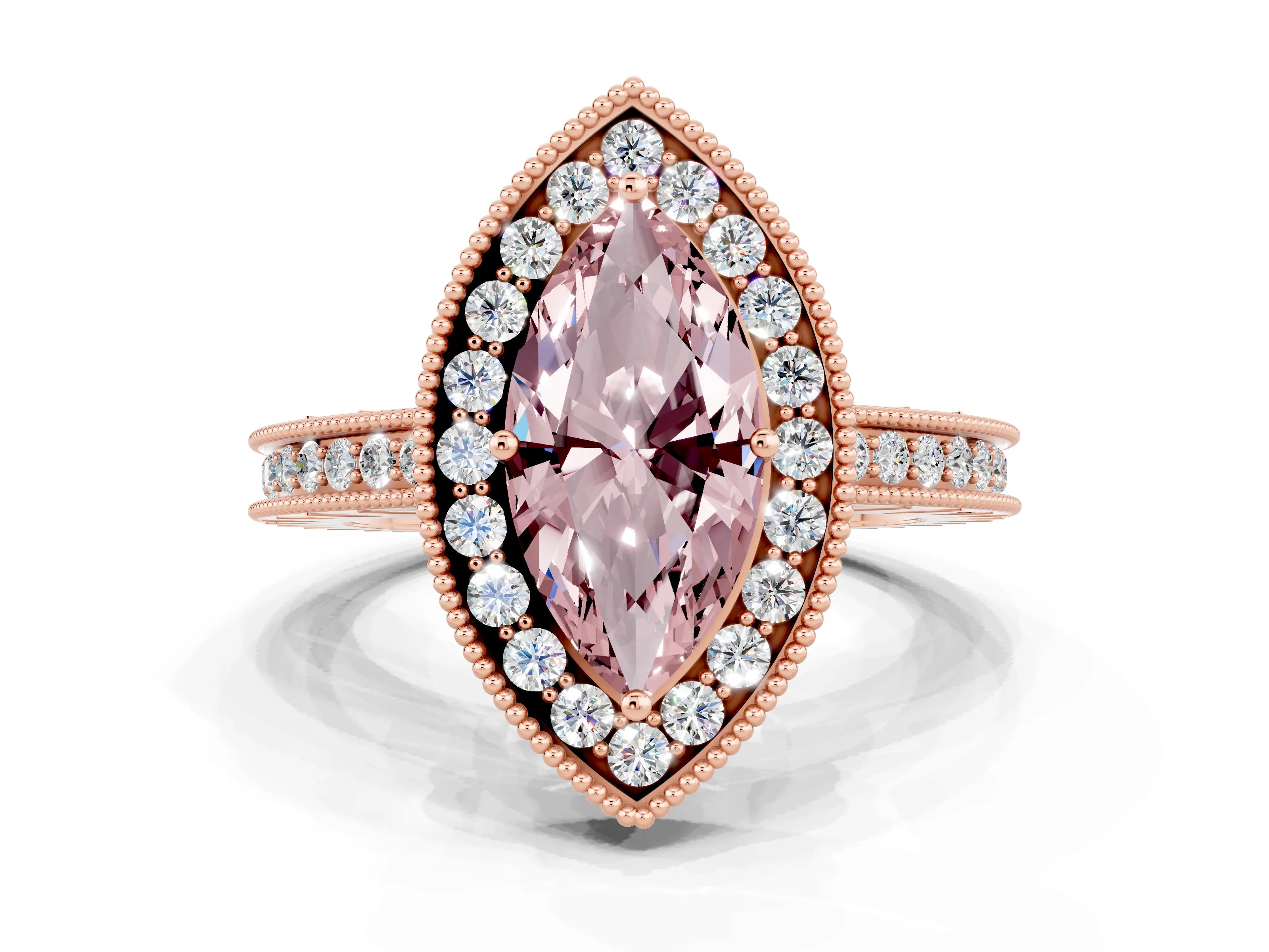 Rose gold Marquise Cut Halo Diamond Engagement Ring with Milgrain Pave Band and Four-Prong Setting