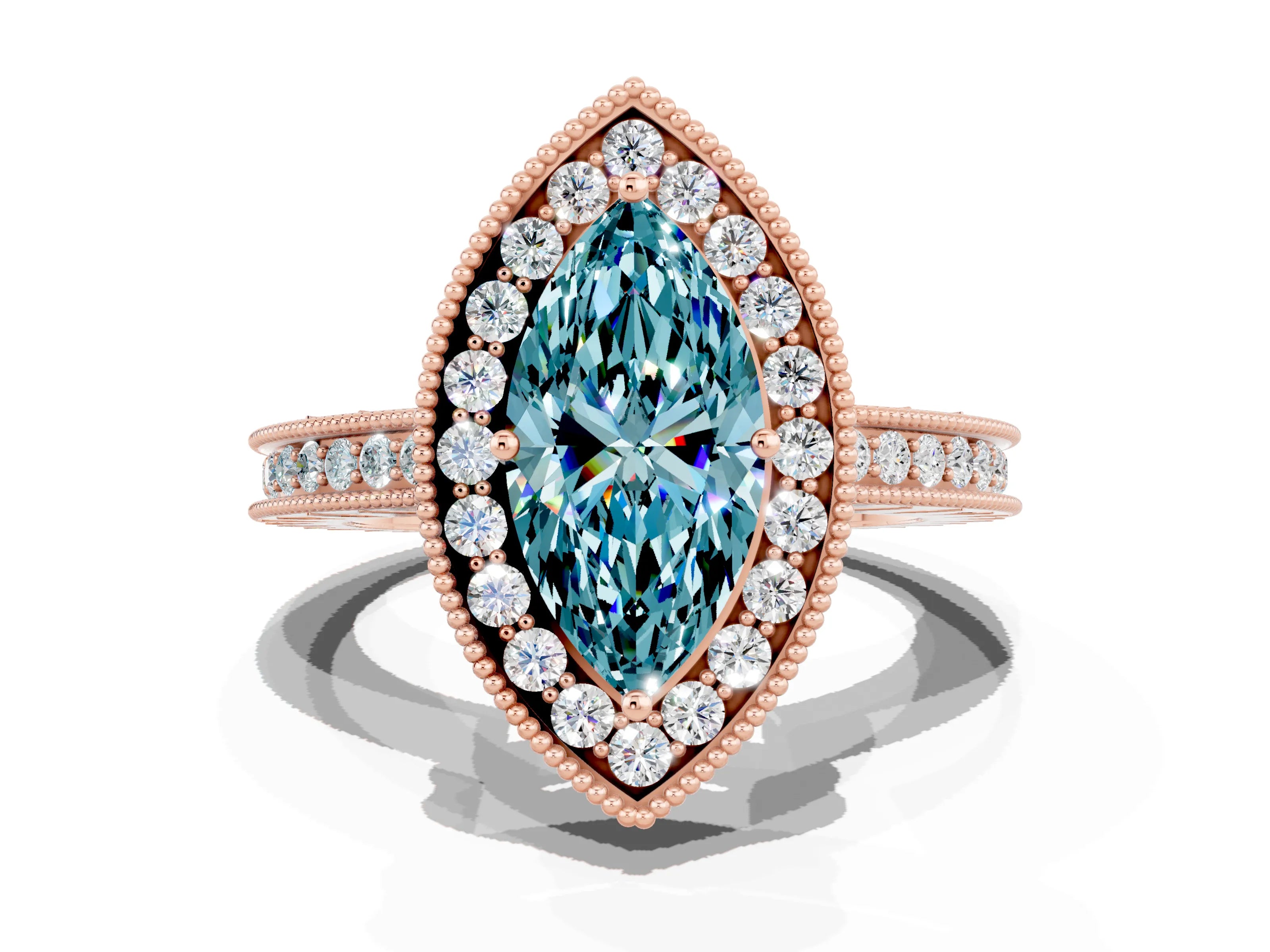 Rose gold Marquise Cut Halo Diamond Engagement Ring with Milgrain Pave Band and Four-Prong Setting