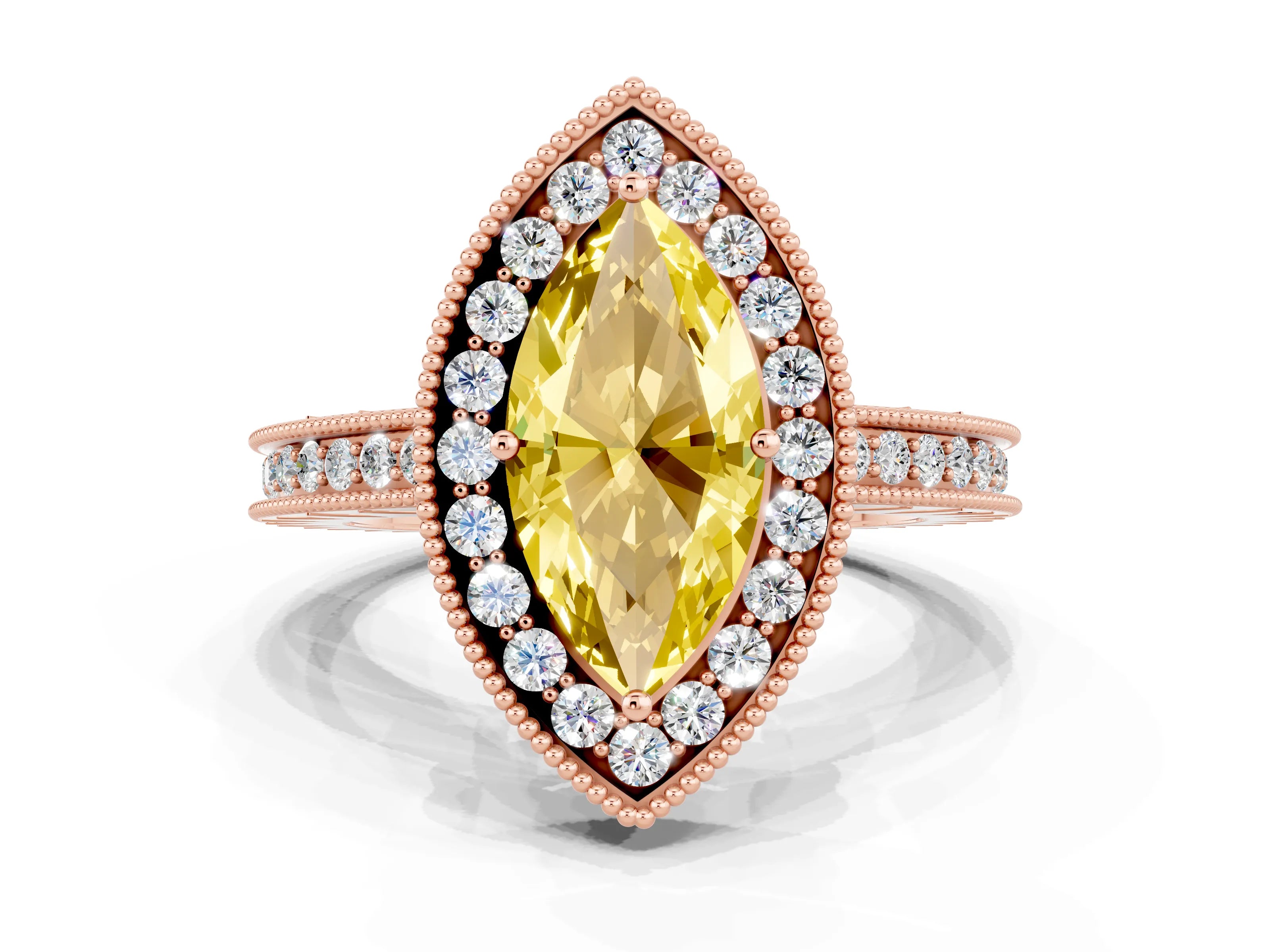 Rose gold Marquise Cut Halo Diamond Engagement Ring with Milgrain Pave Band and Four-Prong Setting